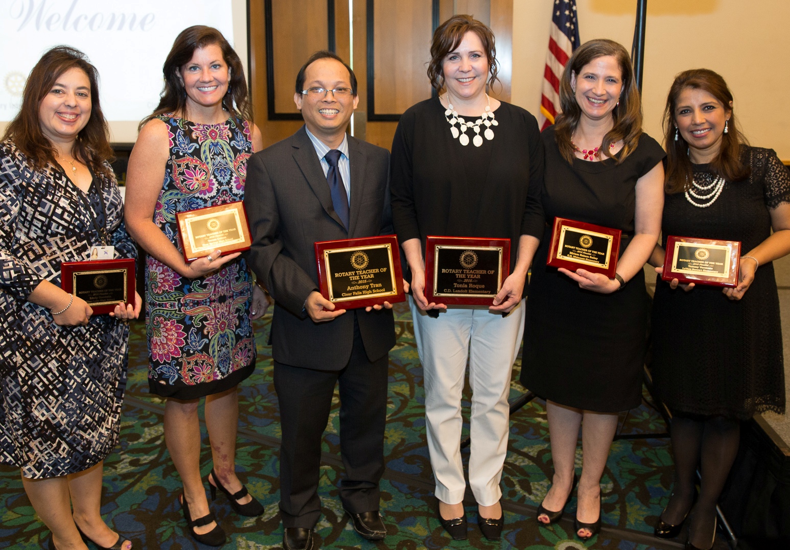 The six finalists for Clear Creek ISD Teacher of the Year get together for a photo as the program comes to an end. They are, from left, Lindy Goodwin, Clear Lake High; Teresa Cotton, Clear Springs High;Anthony Tran, Clear Falls High; Tonia Roque, Landolt Elementary;  Miriam Bailey, Whitcomb Elementary;  and Tammy Verstrate, Stewart Elementary.